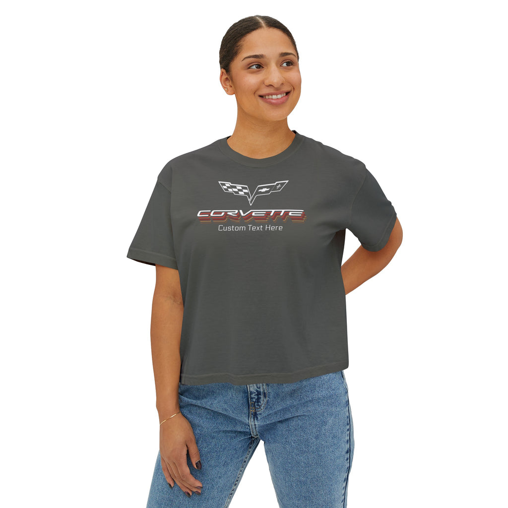 C6 Corvette Repeat Script Personalized Women's Cotton Boxy Tee, Multiple Colors, Chevy Apparel, Gifts