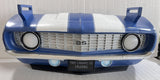 1969 Chevrolet Camaro SS Floating Wall Shelf, Lemans Blue with White Stripes, 19.5x6x8 inches, Tempered Glass, Battery Powered LED Headlights, Chevy Car Lovers Decor