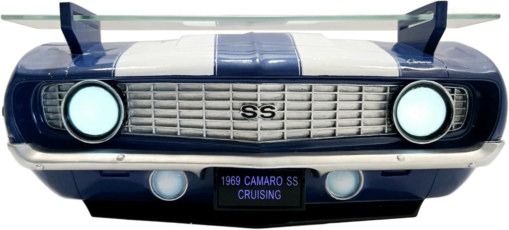 1969 Chevrolet Camaro SS Floating Wall Shelf, Lemans Blue with White Stripes, 19.5x6x8 inches, Tempered Glass, Battery Powered LED Headlights, Chevy Car Lovers Decor