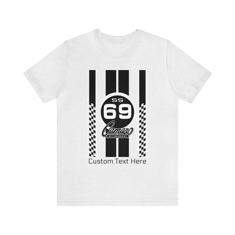 1969 Camaro SS Checkered Stripes Personalized Unisex Jersey Short Sleeve T-Shirt, Custom Camaro Tee for Chevy Fans and Muscle Car Enthusiasts