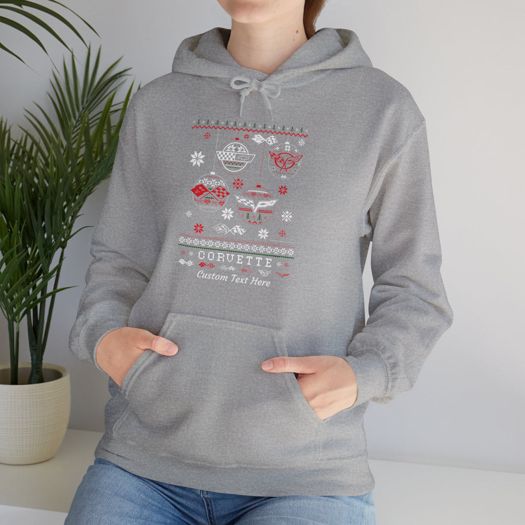 Personalized Corvette Ugly Christmas Sweater Hooded Sweatshirt, Cotton-Blend Hoodie, Featuring C1-C6 Flag Logos, Gift Idea