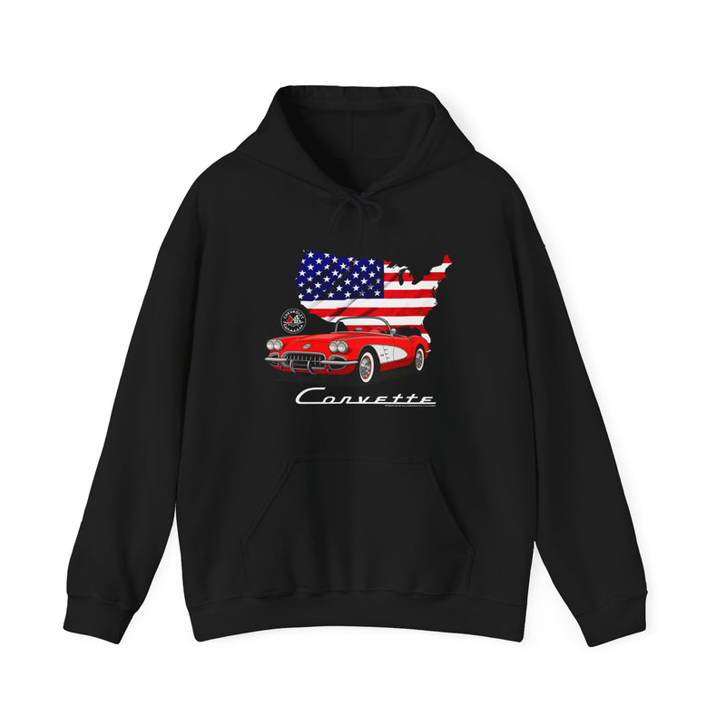 C1 Corvette American Flag Cotton Blend Hooded Sweatshirt – Legends of the Road, Perfect for the Corvette Fan