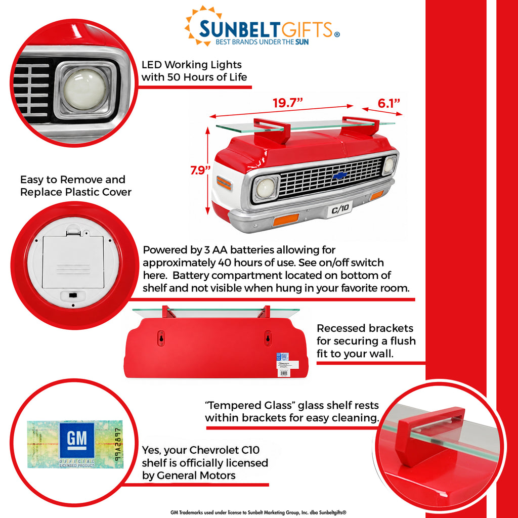 1972 Chevrolet C10 Red & White LED Wall Shelf – Tempered Glass