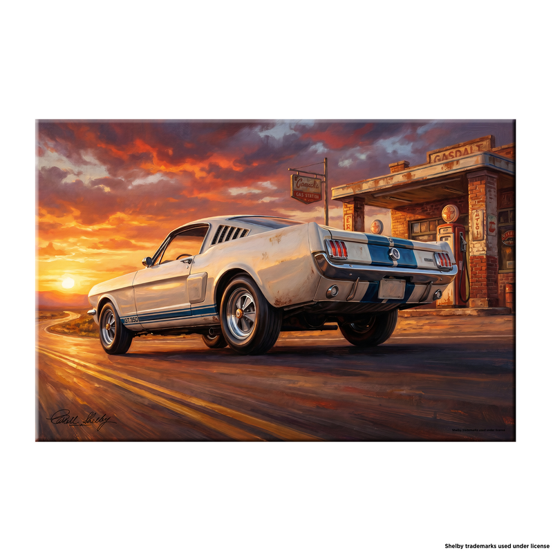 Carroll Shelby White GT350 Sports Coupe Rearview Distressed Sunset Gas Station Canvas Wall Art