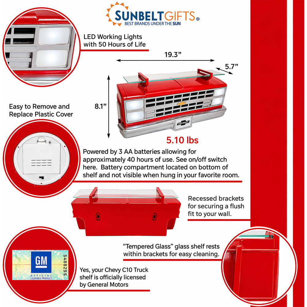 Sunbeltgifts 1985 Chevrolet C10 Truck Wall Shelf, Red, 19.30x5.70x8.10 inches, Tempered Glass, Battery Powered LED Headlights, Car Enthusiast Gift, Classic Truck Decor, Chevy Collector Item