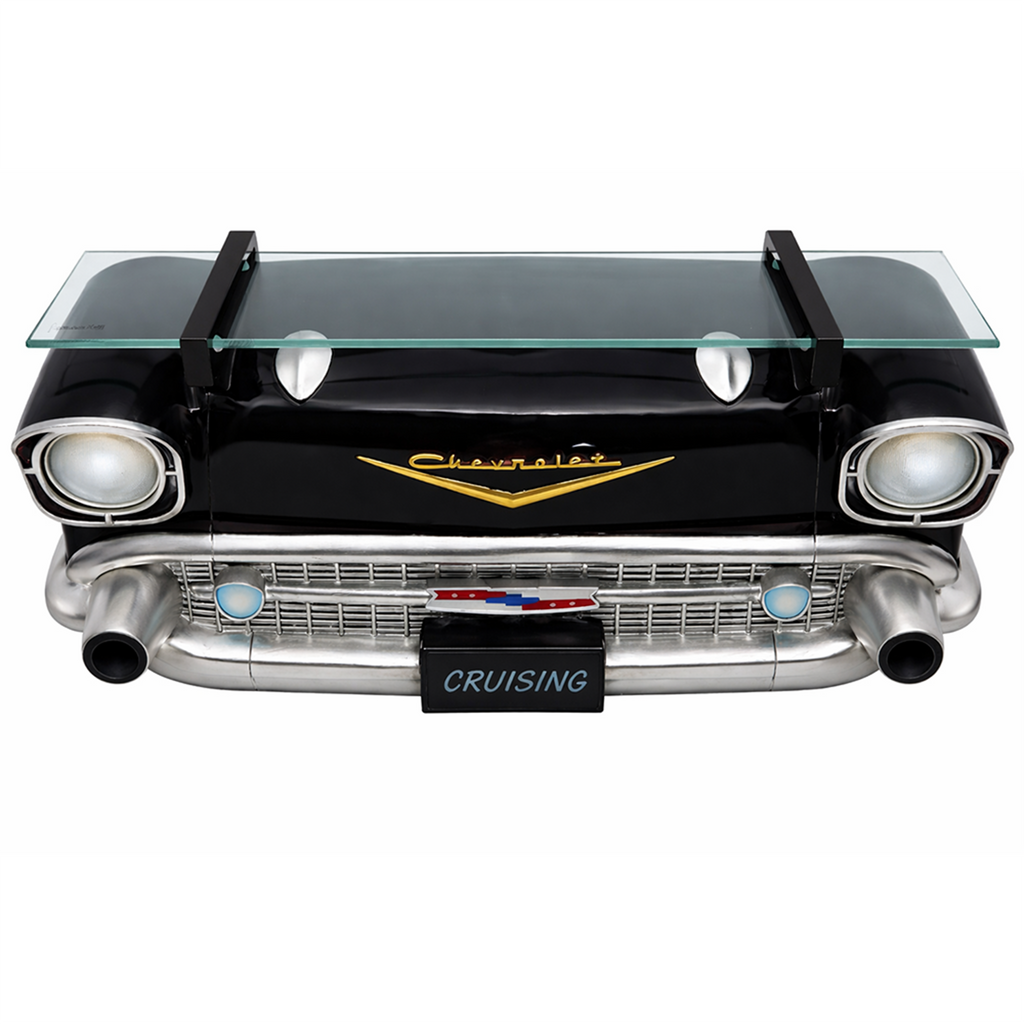 Sunbeltgifts 1957 Chevrolet Bel Air Wall Shelf, Floating Shelf, Tempered Glass, Black, 20x6.1x8 inches, Functional LED Headlights, Battery Operated, Chevy Decor, Unique Gift for Classic Car Enthusiast