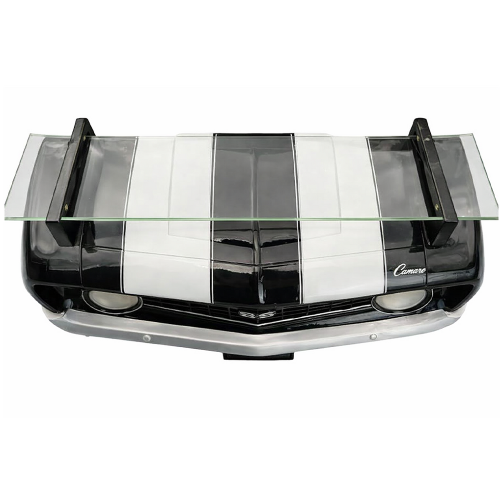 Sunbeltgifts 1969 Chevrolet Camaro SS Floating Wall Shelf, Black with White Stripes, 19.5x6x8 inches, Tempered Glass, Battery Powered LED Headlights, Chevy Car Lovers Decor, Muscle Car Fan Gift Idea