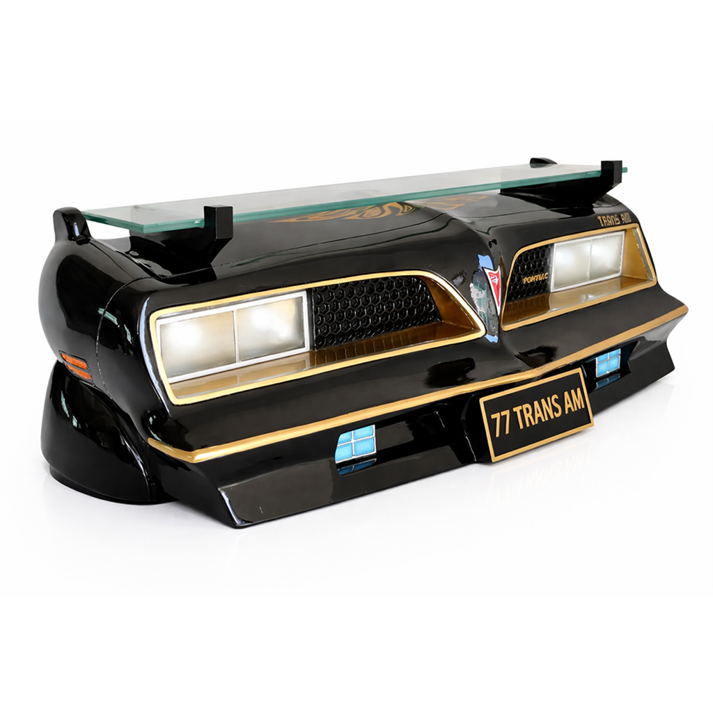Sunbeltgifts 1977 SE Pontiac Trans AM Wall Floating Shelf, Black and Golds, 19x7.1x7.2 inches, Tempered Glass, Battery Powered LED Headlights, Car Enthusiast Gift, Classic Car Decor, Pontiac Collector