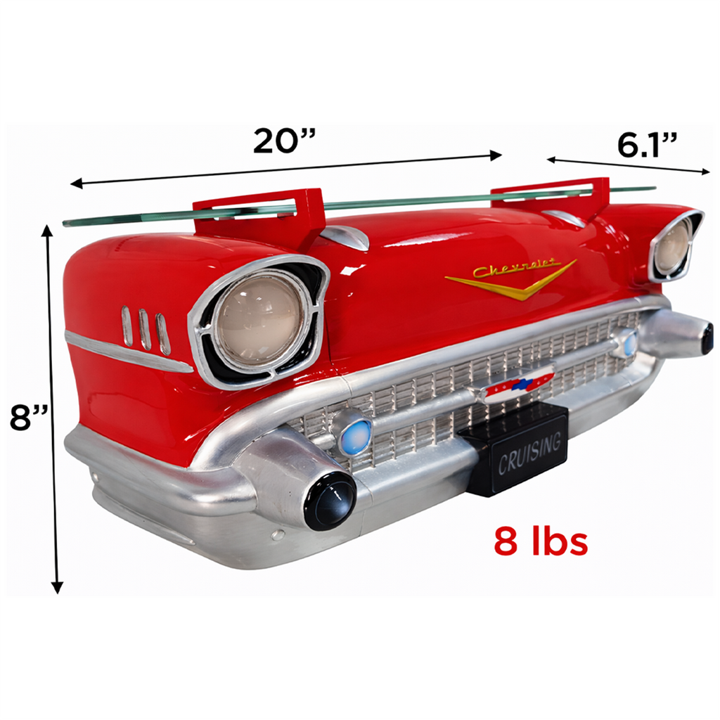 Sunbeltgifts 1957 Chevy Bel Air Wall Shelf, Floating Shelf, Red, 20x6.1x8 inches, Tempered Glass, LED Headlights, Battery Operated, Classic Car Wall Decor, Novelty Gift, Gift Idea for Car Fans