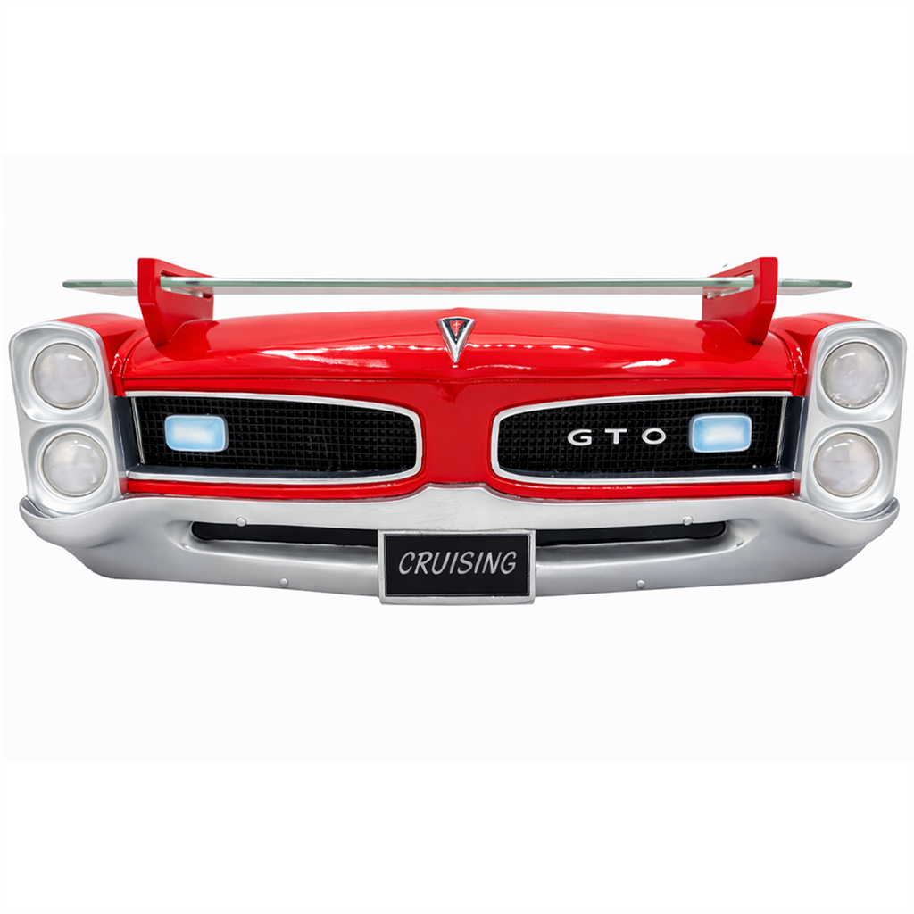 Sunbeltgifts 1966 Pontiac GTO Floating Wall Shelf, Red, 19.5x6.5x8 inches, Tempered Glass, Battery Operated LED Headlights, GTO fans, Gift for Vintage Car Enthusiasts, Man Cave Decor, Automotive Decor