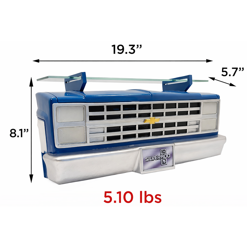 Sunbeltgifts 1985 Chevrolet C10 Truck Wall Shelf, Skyline Blue, 19.30x5.70x8.10 inches, Tempered Glass, Battery Powered LED Headlights, Car Enthusiast Gift, Classic Truck Decor, Chevy Collector Item
