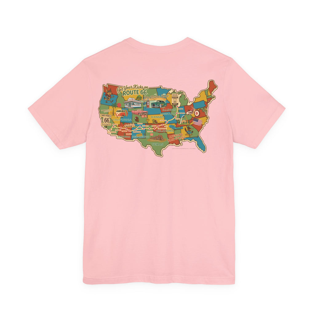 Legends of Route 66 100th Anniversary Landmark Map Design Cotton Front and Back Printed Short Sleeve Tee
