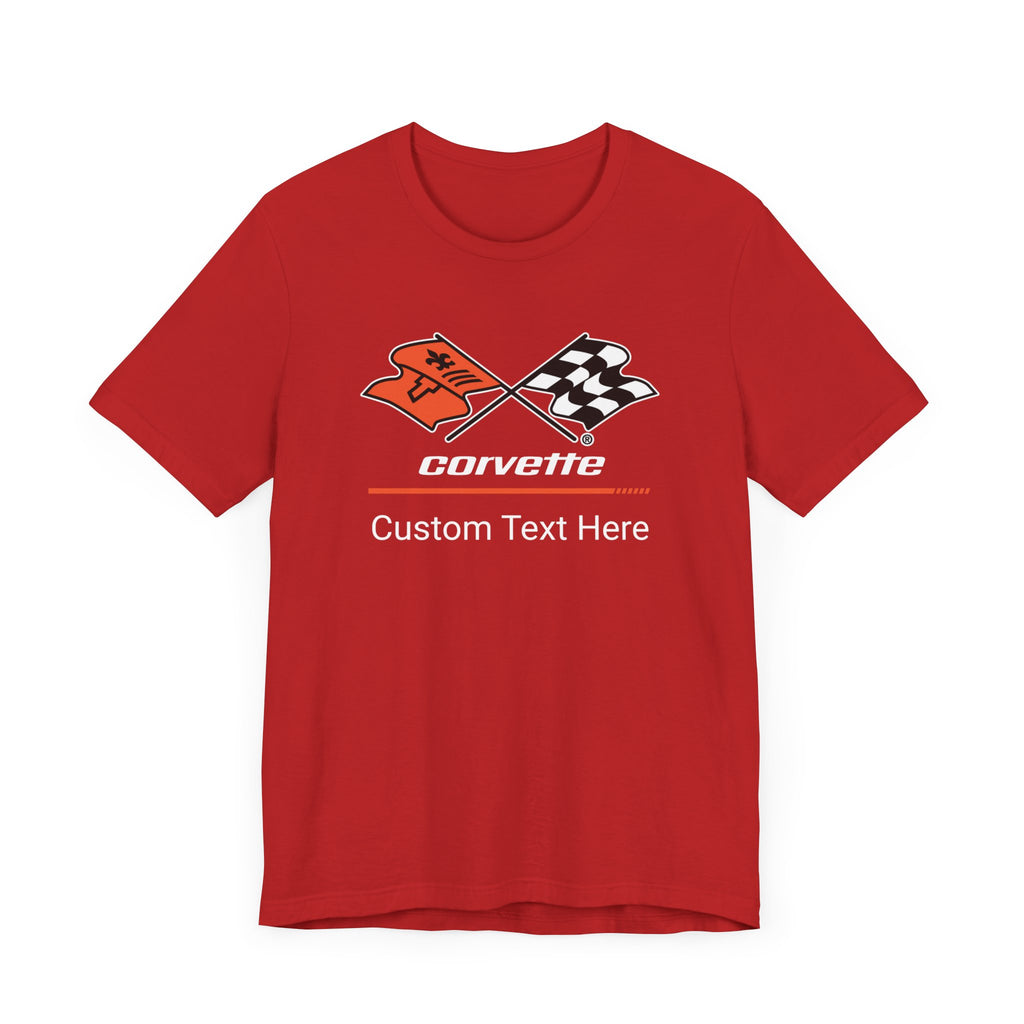 Corvette C3 Racing Flag Logo Personalized T-Shirt, Short Sleeve for Men and Women, Soft Cotton Checkered Flag Design, Gift Idea for Chevrolet Corvette Fans, Custom Car Enthusiast Apparel