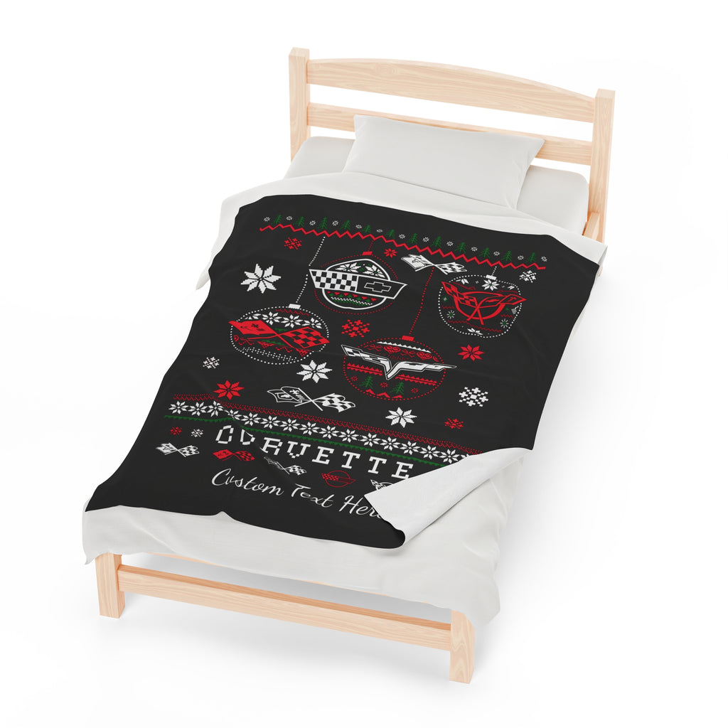 Corvette Ugly Sweater Christmas Personalized Velveteen Plush Blanket - BLACK