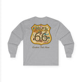 Legends of Route 66 100th Anniversary Iconic Highway Shield Design Cotton Front and Back Printed Personalized Tee- Long Sleeve