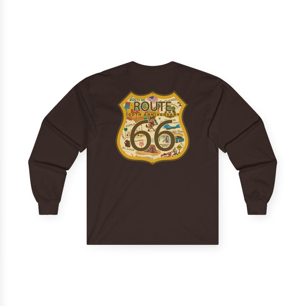 Legends of Route 66 100th Anniversary Iconic Highway Shield Design Cotton Front and Back Printed Tee - Long Sleeve