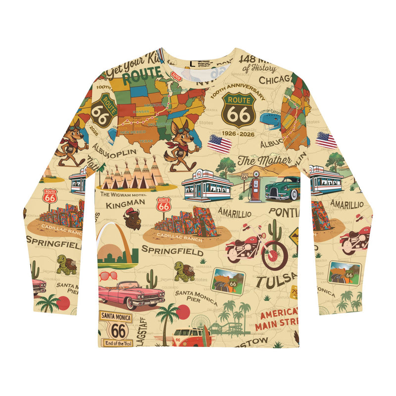 Legends of Route 66 100th Anniversary Retro Travel Long Sleeve Tee, Men's Graphic Top, Americana Apparel, Perfect Gift for Road Trip Lovers
