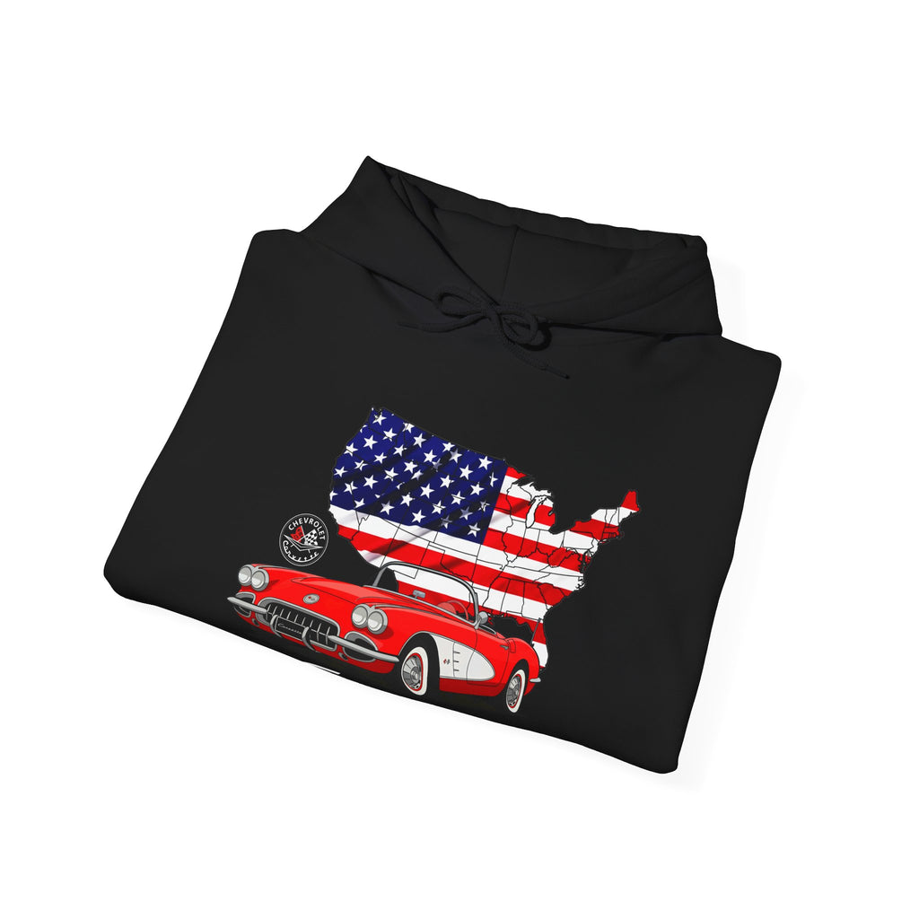 C1 Corvette American Flag Cotton Blend Hooded Sweatshirt – Legends of the Road, Perfect for the Corvette Fan