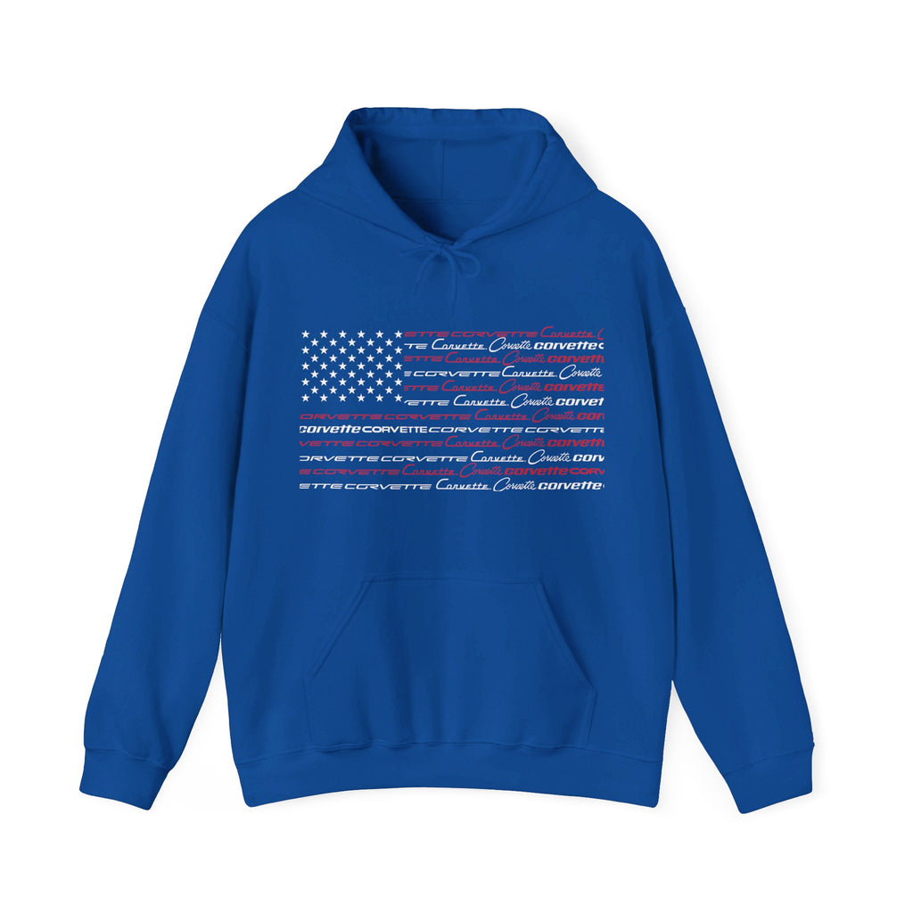 C1-C6 Corvette Script Logos American Flag Fleece Hoodie, Comfortable Unisex Hoodie for Corvette Enthusiasts, Classic Fit Pullover for Everyday Wear