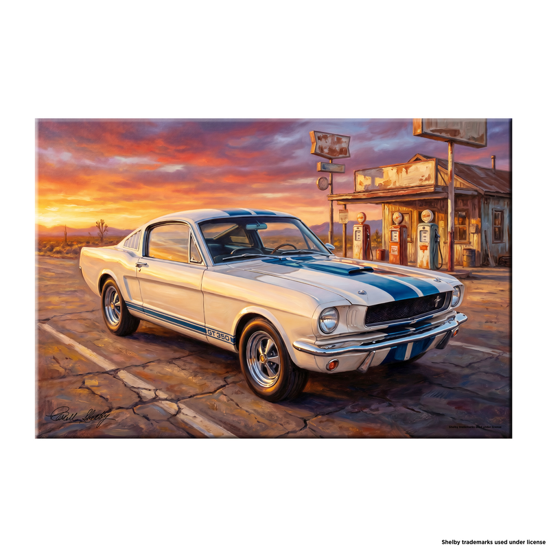 Carroll Shelby White GT350 Sports Coupe Front View Vintage Gas Station Canvas Wall Art