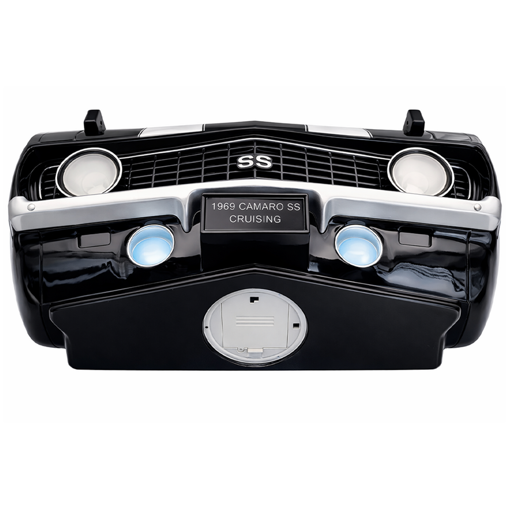 Sunbeltgifts 1969 Chevrolet Camaro SS Floating Wall Shelf, Black with White Stripes, 19.5x6x8 inches, Tempered Glass, Battery Powered LED Headlights, Chevy Car Lovers Decor, Muscle Car Fan Gift Idea