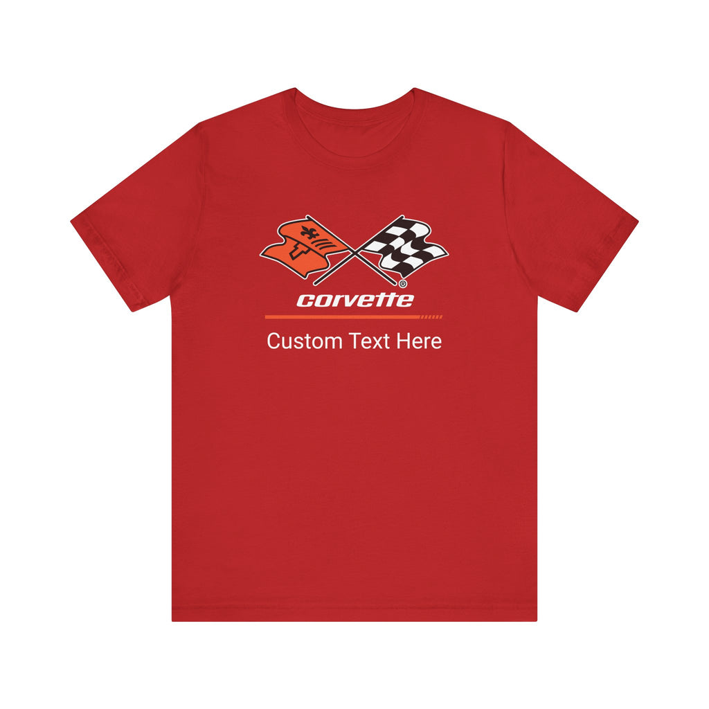 Corvette C3 Racing Flag Logo Personalized T-Shirt, Short Sleeve for Men and Women, Soft Cotton Checkered Flag Design, Gift Idea for Chevrolet Corvette Fans, Custom Car Enthusiast Apparel