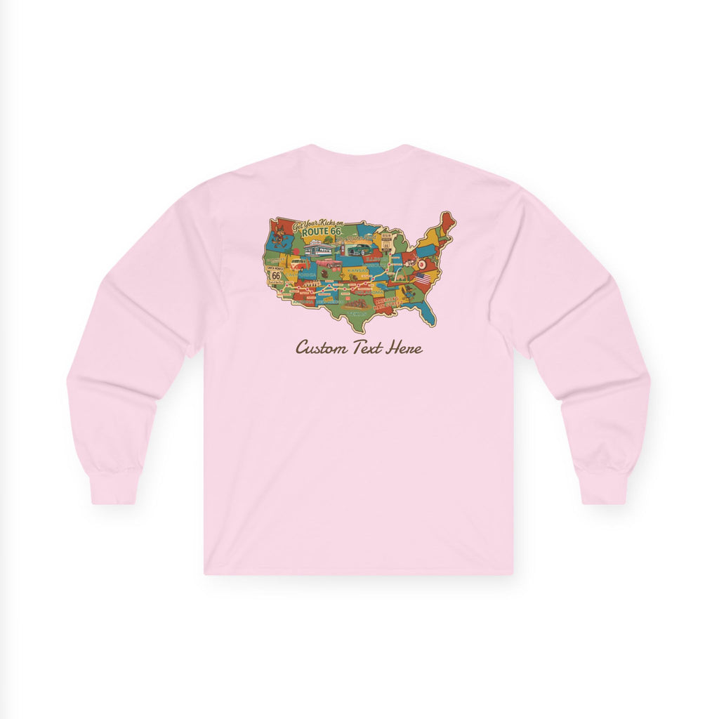 Legends of Route 66 100th Anniversary USA Map Cotton Front and Back Printed Personalized Tee- Long Sleeve
