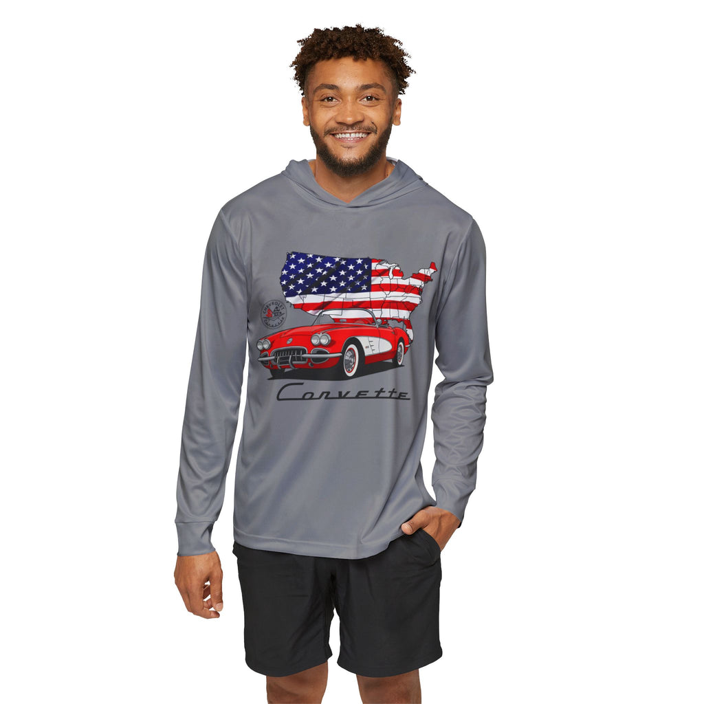 C1 Corvette American Flag Hooded Performance Long Sleeve Tee – Legends of the Road, Perfect for the Corvette Fan