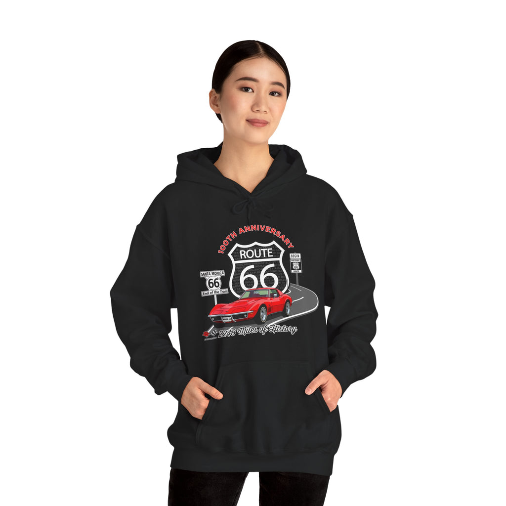 C3 Corvette Route 66 100th Anniversary Hooded Sweatshirt – Legends of the Road, Perfect for the Corvette Fan