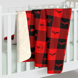 C1-C6 Corvette Flag Logos Personalized Red and Black Plaid Sherpa Blanket, Ideal for Car Enthusiasts