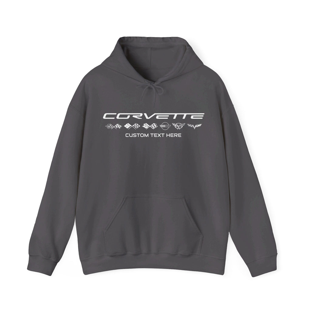 Personalized Corvette C1-C6 Flags Fleece Hoodie, Classic Fit Unisex Hoodie with Flags for All Generations, 50/50 Cotton-Poly Blend, Soft & Warm, Officially Licensed GM Merchandise for Corvette Fans