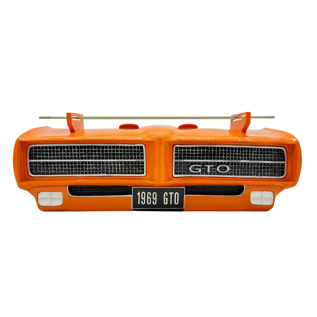 1969 Pontiac GTO Judge Floating Shelf, Orange, Measures 20.0 x 6.75 x 6.0 inches, weight 7.5 pounds, , Tempered Glass Shelf, Recessed Brackets.