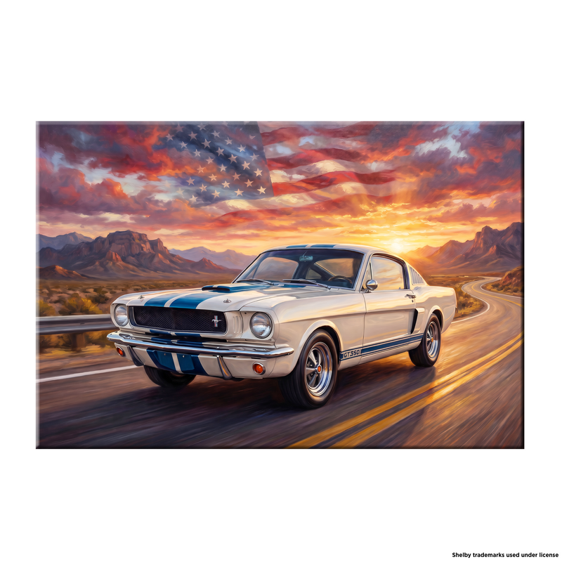 Carroll Shelby White GT350 Sports Coupe Sunset Desert Highway American Flag Canvas Wall Art