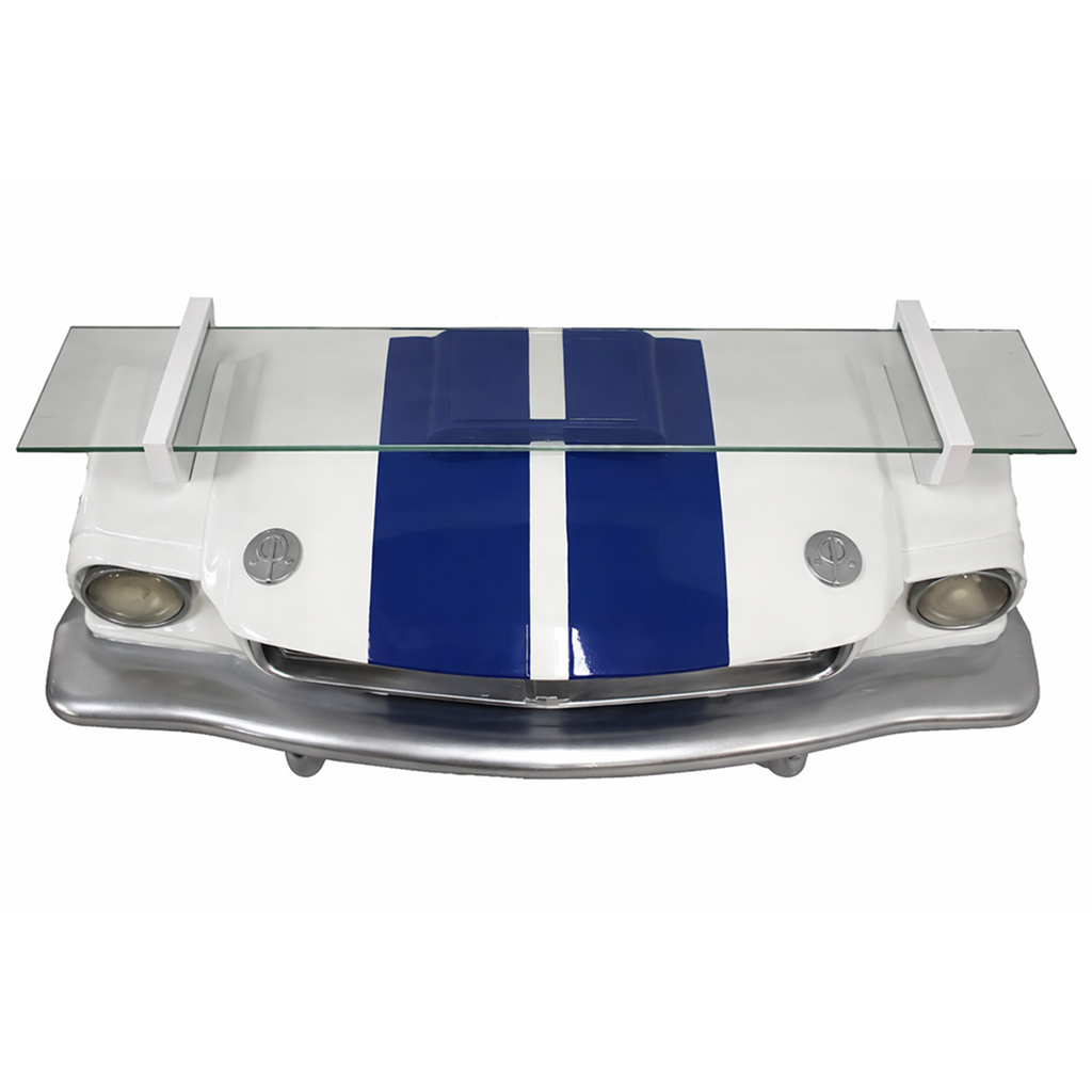 Sunbeltgifts 1966 Carroll Shelby GT350 Floating Shelf, White with Blue Stripes, 19.7x5.9x7.9 inches, Tempered Glass, LED Headlights, Automotive Wall Decor, Shelby Lover Gift, Vintage Car Enthusiast