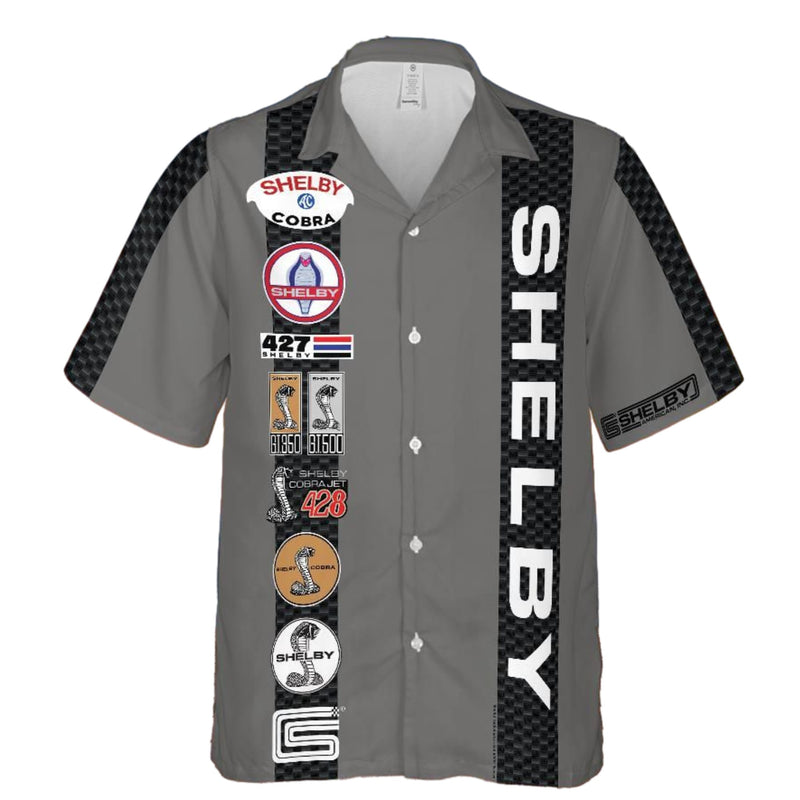 Carroll Shelby Grey Base Hawaiian Shirt, Celebrating Muscle Car Heritage with Historical Shelby Badge Designs Bordered by Carbon Stripes