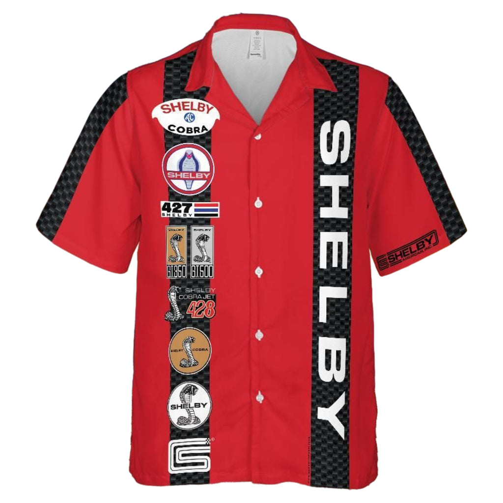 Carroll Shelby Red Base Hawaiian Shirt, Celebrating Muscle Car Heritage with Historical Shelby Badge Designs Bordered by Carbon Stripes