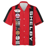 Carroll Shelby Red Base Hawaiian Shirt, Celebrating Muscle Car Heritage with Historical Shelby Badge Designs Bordered by Carbon Stripes