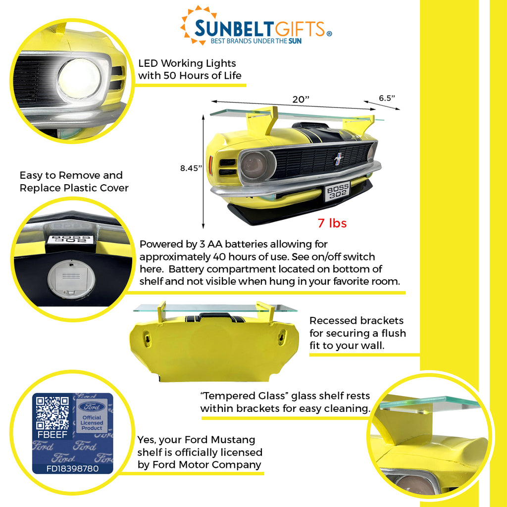 1970 Ford Boss 302 Mustang Front End Polyresin Floating Wall Shelf, Yellow and Black, Working LED Lights powered by 3AA Batteries ( not included)