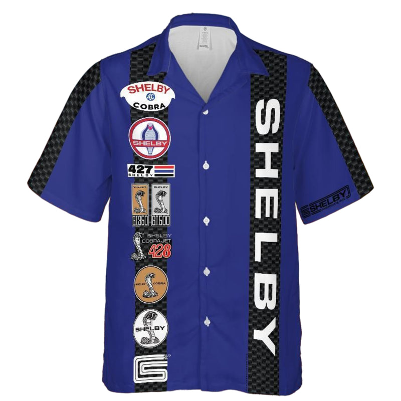Carroll Shelby Blue Base Hawaiian Shirt, Celebrating Muscle Car Heritage with Historical Shelby Badge Designs Bordered by Carbon Stripes