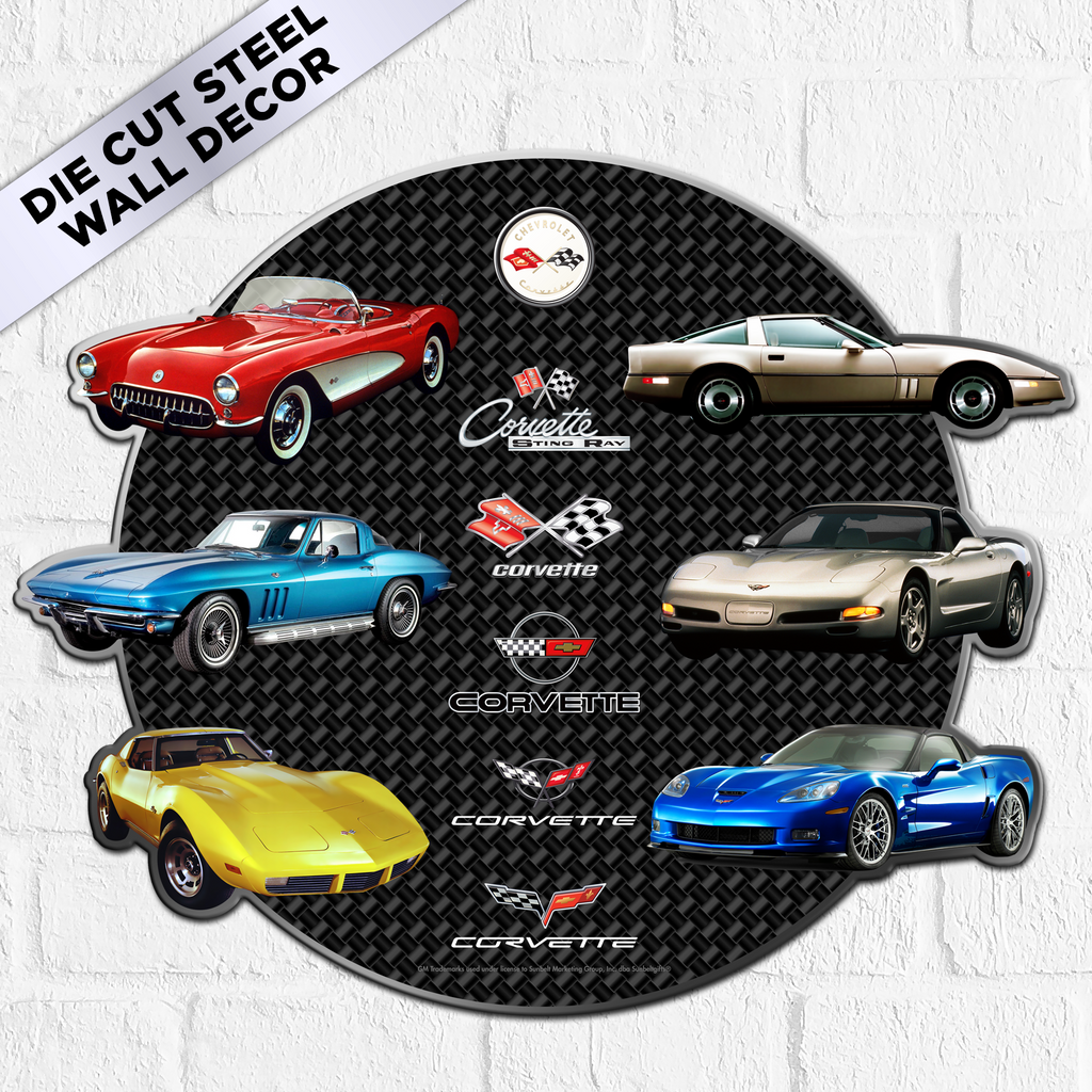 Chevrolet Corvette C1–C6 Round Die-Cut Metal Wall Decor — Made in USA, Available in 2 sizes