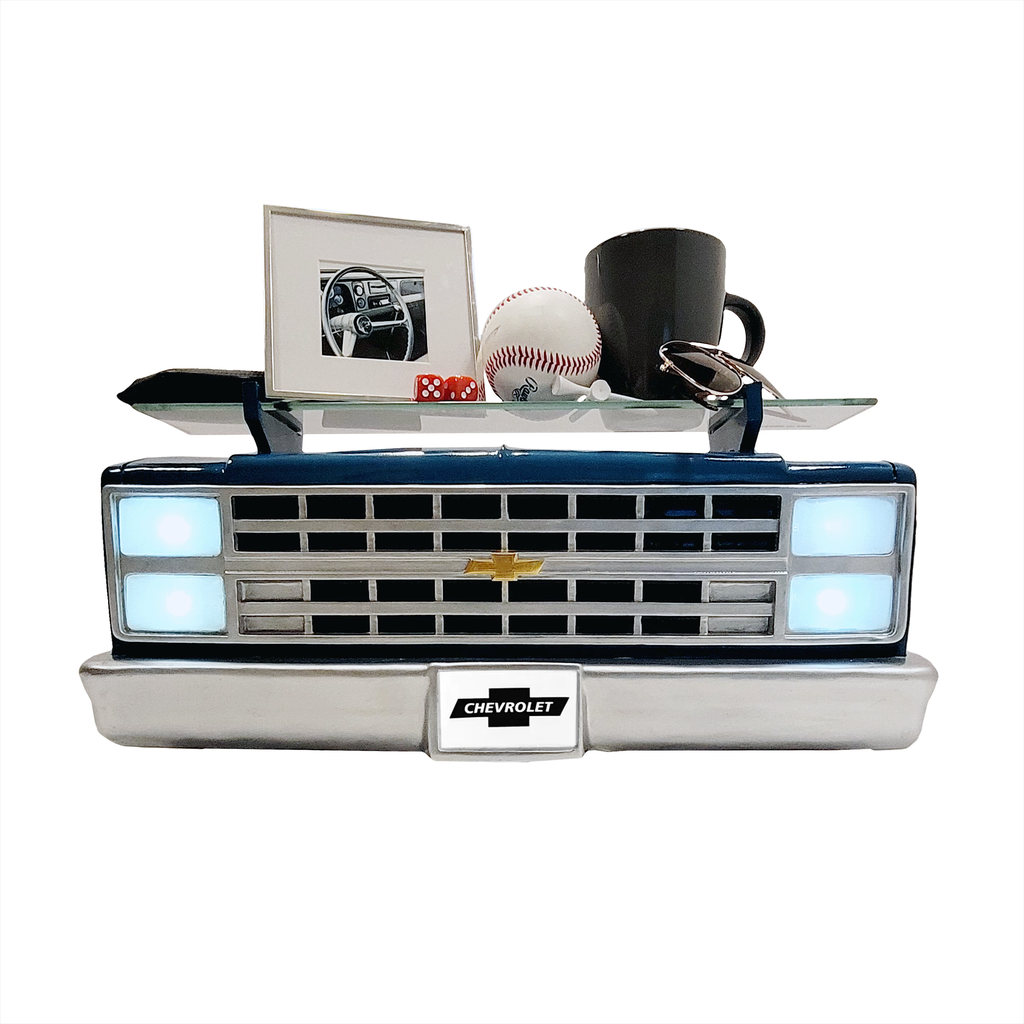 Sunbeltgifts 1985 Chevrolet C10 Truck Wall Shelf, Skyline Blue, 19.30x5.70x8.10 inches, Tempered Glass, Battery Powered LED Headlights, Car Enthusiast Gift, Classic Truck Decor, Chevy Collector Item