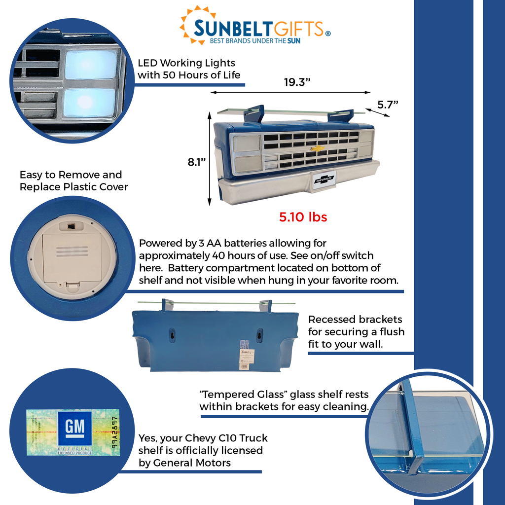 Sunbeltgifts 1985 Chevrolet C10 Truck Wall Shelf, Skyline Blue, 19.30x5.70x8.10 inches, Tempered Glass, Battery Powered LED Headlights, Car Enthusiast Gift, Classic Truck Decor, Chevy Collector Item