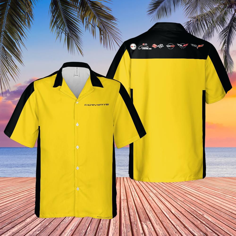 C6 Chevrolet Corvette Hawaiian Shirt Velocity Yellow and Black Color Block Men's Short Sleeve Button-Up Casual Camp Shirt