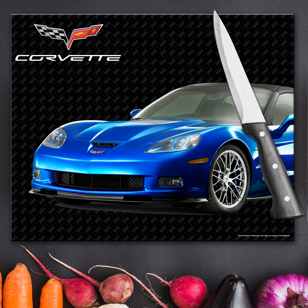 C6 Corvette Glass Cutting Board, Blue, 12"x15" Tempered Glass, Made in the USA