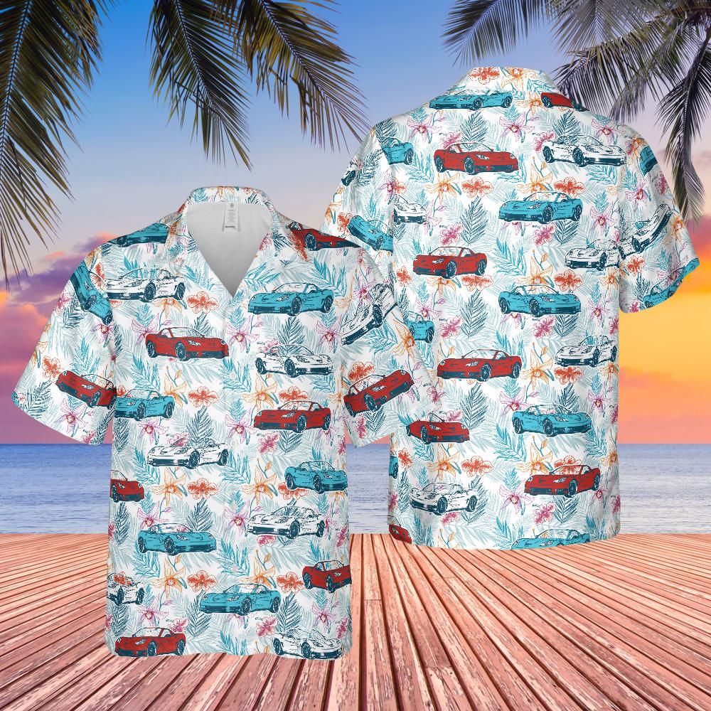 C6 Corvette Herren-Hemd im Hawaii-Stil, mehrfarbig, kurzärmlig, mit Knöpfen vorne