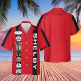Carroll Shelby Red Base Hawaiian Shirt, Celebrating Muscle Car Heritage with Historical Shelby Badge Designs Bordered by Carbon Stripes