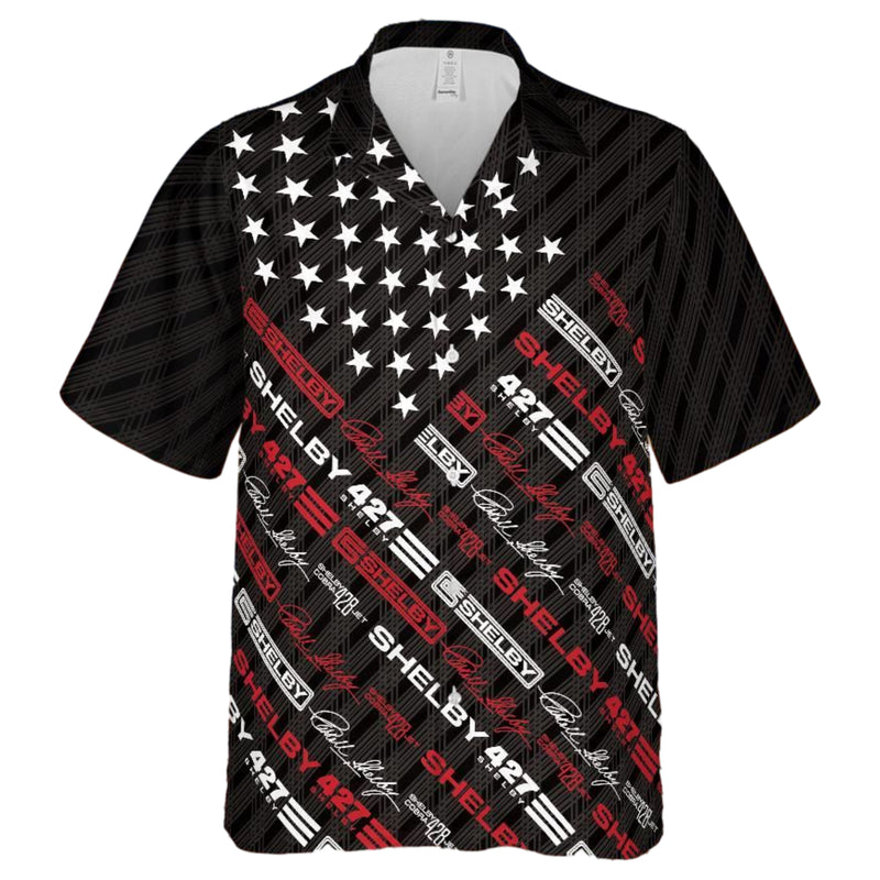 Carroll Shelby Black Carbon Americana Stars and Stripes Hawaiian Shirt, Celebrating Muscle Car Heritage with Historical Shelby Badge Designs in Diagonal Stripes