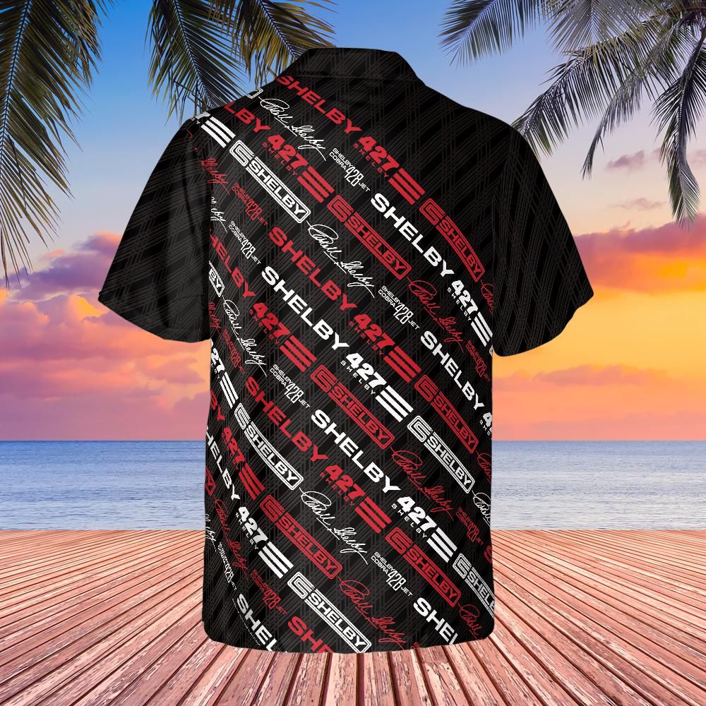 Carroll Shelby Black Carbon Americana Stars and Stripes Hawaiian Shirt, Celebrating Muscle Car Heritage with Historical Shelby Badge Designs in Diagonal Stripes
