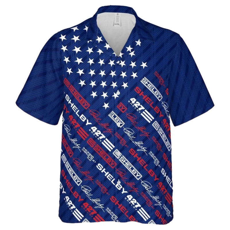 Carroll Shelby Blue Carbon Americana Stars and Stripes Hawaiian Shirt, Celebrating Muscle Car Heritage with Historical Shelby Badge Designs in Diagonal Stripes