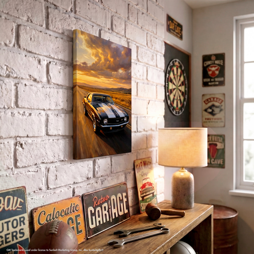 Camaro Z28 Black and White Highway Canvas Wall Art Portrait